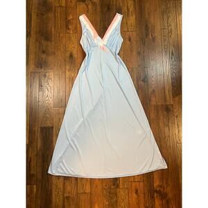 Vintage Vanity Fair Full Length Nightgown Baby Blue Pink Art Deco Flower Small